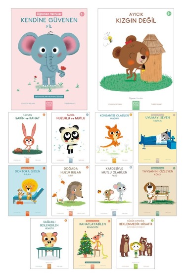 Öğrenen Yavrular Seti - Kendine Güvenen Fil, Ayıcık Kızgın Değil, Tavşan Sakin Ve Rahat, Panda Huzurlu Ve Mutlu, Konsantre Olabilen Kanguru, Uyumayı Seven Kedicik, Sağlıklı Beslenebilen Hemstır, Doğada Huzur Bulan Kirpi, Kardeşiyle Mutlu Olabilen Far - 1001 Çiçek Kitaplar